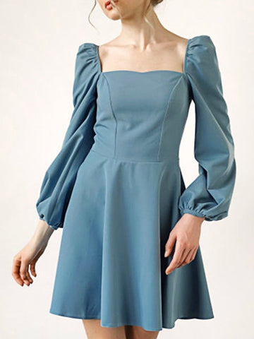 Woochic mini-robe trapèze col carré manches bouffantes élégant bal de promo bleu Bleu S